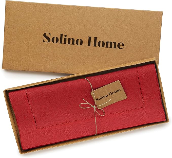 Solino Home Linen Red Table Runner 108 Inches Long - 100% Pure Linen 14 x 108 Inch Table Runner for 4th of July - Classic Hemstitch