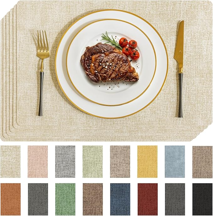 Romanstile Vinyl Placemats Set of 6-12 X 17 Inch - Faux Leather 100% Waterproof Wipeable Anti Slip Place Mats, Heat Resistant Reversible PU Table Mats for Kitchen Dining Party Outdoor, Beige