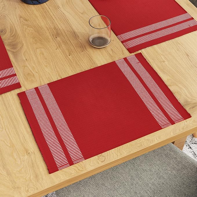 Encasa XO Dining Placemat Set of 6 | Ladder Red Color | Fine Ribbed Cotton Table mat | Size 18x13 in | Machine Washable