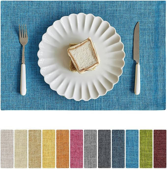 Softalker Faux Linen Placemats Set of 6-12 x 18 Inch, Heat Resistant Double Layered Durable Burlap Farmhouse Place Mats, Non-Slip Washable Rustic Table Mats for Dining, Kitchen, Party（Sky Blue