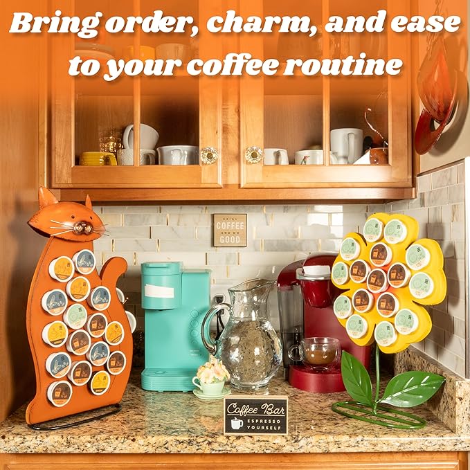 Made Easy Kit Front Facing Countertop Coffee Pods Holder - Compatible with K-Cups Practical meets Whimsical - Coffee Bar Decor for Home Café Kitchen Nook (Orange Cat)