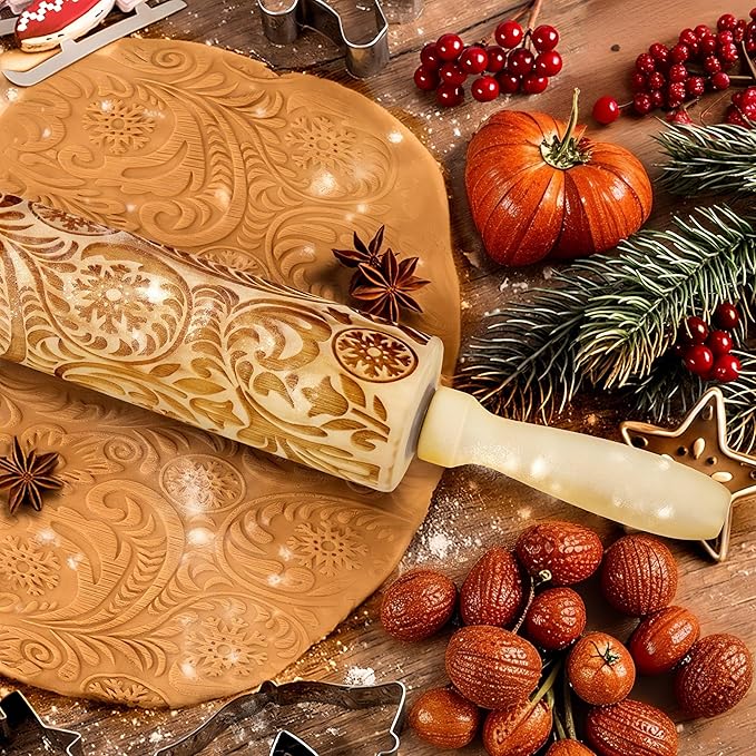 17" Premium Wooden Rolling Pins for Baking with European Embossed Designs | 3mm Deep Springerle Cookie Molds | Christmas Rolling Pin & Baking Gifts for Women | Includes 3-in-1 Cleaning Brush