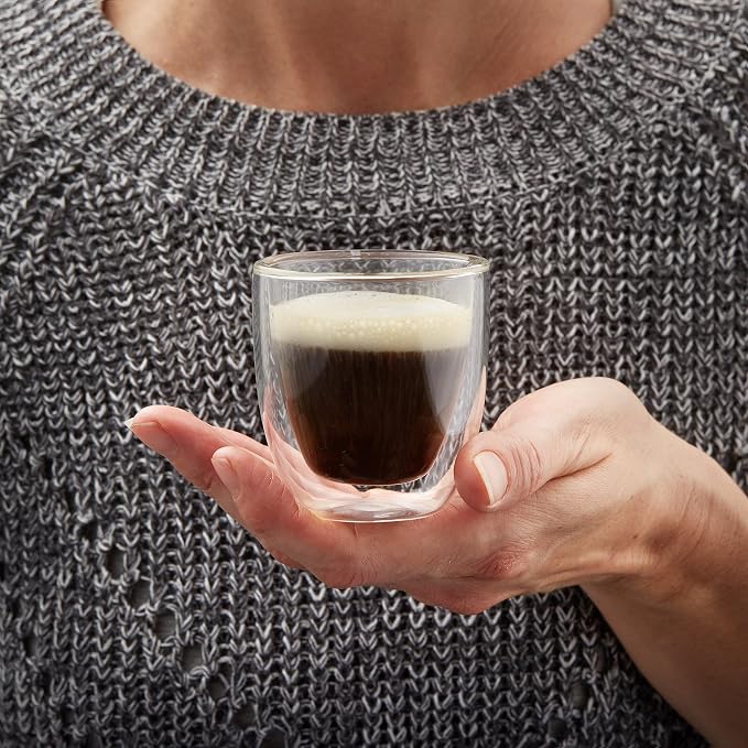 Glass Espresso Cups Set of 4 - Double Walled Espresso Cup 2.7 OZ - Wide Italian Style Clear Doppio Espresso Cup - Double Espresso Cups - Espresso Accessories Small Double Wall Expresso Coffee Cup