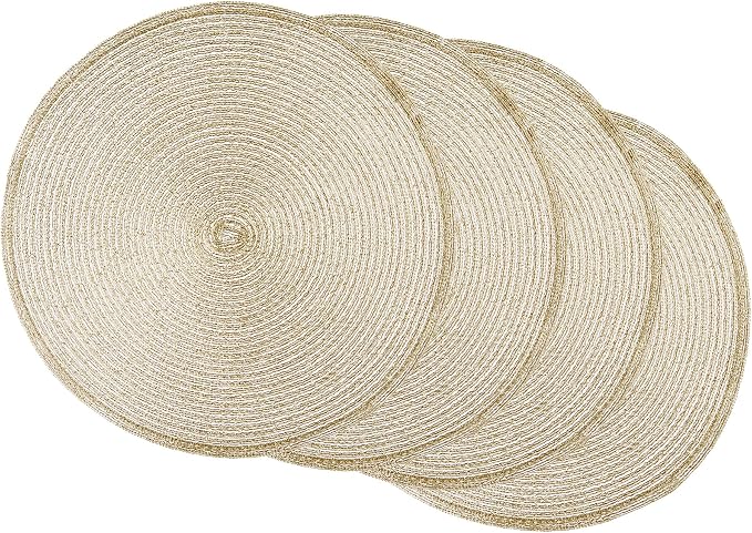 DII Woven Placemats Collection Metallic Round Placemat Set, 15", Champagne, 4 Piece