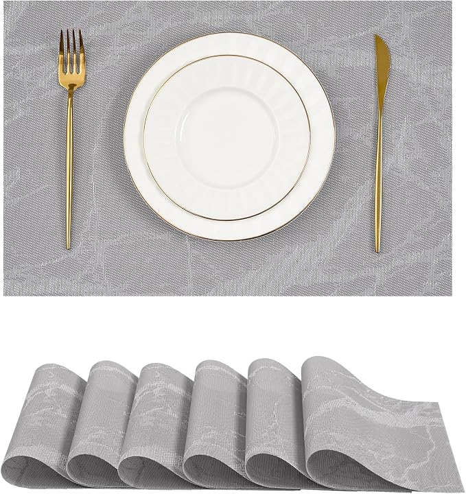 Leetaltree Reversible Marble Placemats Set of 6 – Ships Flat and Stays Flat, Durable Washable Vinyl PVC Placemats, Heat Resistant, Easy Wipe Clean (Gray Marble Pattern)