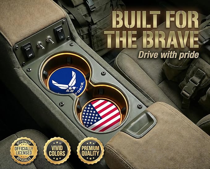 Elektroplate Officially Licensed United States Air Force & USA Flag Automotive Ceramic Coasters (2.6") | Universal Fit for All Cars, Trucks, SUVs & More | Absorbent Non-Slip Durable | Set of 2