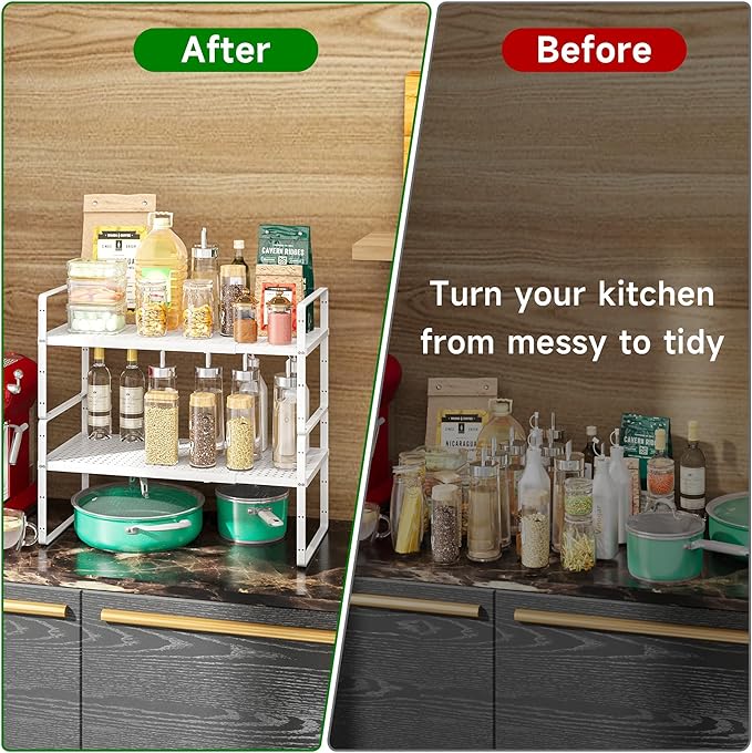 Expandable Kitchen Cabinet Shelf Organizer Rack Heavy Duty Metal Spice Rack Stackable Counter Storage Shelf for Kitchen Cabinet Pantry Bathroom (White - 16.5"-27" L x 10.2" W x 9.6" H - 1Pack)