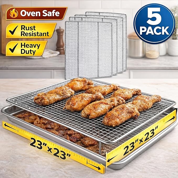 Yaocom 5 Pack 23 x 23 Inch Stainless Steel Bakery Screen, Heavy Duty Wire Cooling Grid for Donuts Bread Pastries, Commercial Baking Tray Insert for Frying Draining Glazing, Oven Safe Mesh Tray