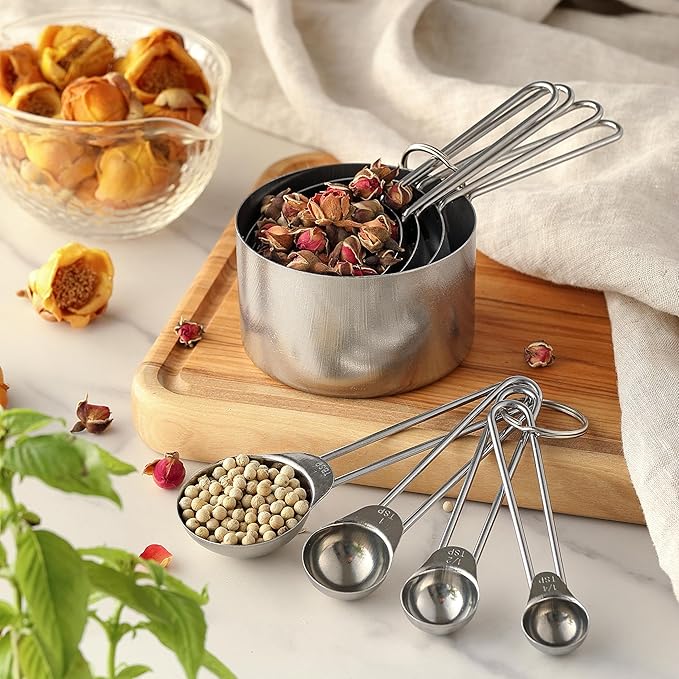 8PCS Measuring Cups, OHOLA Stainless Steel Measuring Cups and Spoons Set, Great for Cooking and Baking