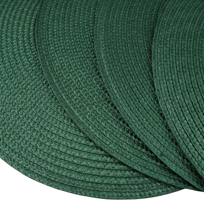 Round Braided Placemats Set of 4 Washable Easy to Clean Place Mats for Dining Tables Woven Non-Slip Heat Resistant Table Mats 15 Inch (Dark Green)