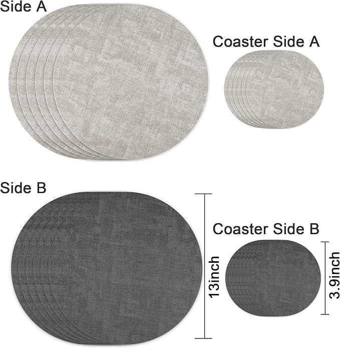 13-Inch Faux Leather Round Placemats Set of 6, Waterproof Anti-Slip Dual Sided Place mats, Heat Resistant Washable Table Mats with Coaster, Suitable for Indoor & Outdoor (6, Black Light Gray)
