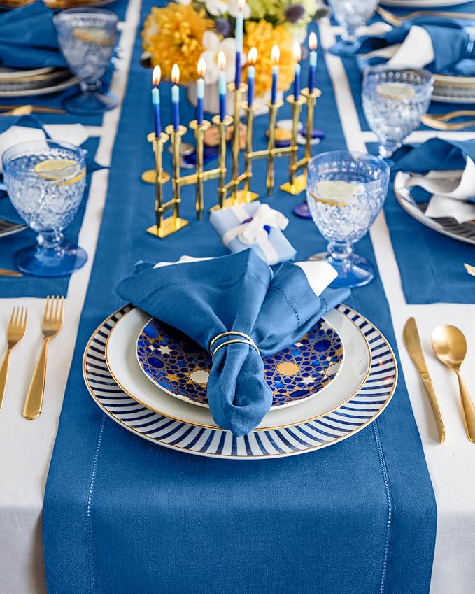 Solino Home Linen Table Runner 48 Inches - 100% Pure Linen Indigo Blue Hemstitch Table Runner 14 x 48 Inch Ideal for Dresser and Coffee Tables - Summer, 4th of July - Classic Hemstitch