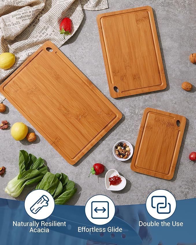 Garvee Deep-Carbonized Bamboo Cutting Board Set of 3 - cutting board set with Handle, Bamboo Cutting Boards for Kitchen, Heavy Duty chopping board with deep juicy groove 15x10, 12x8, 9x6 inch