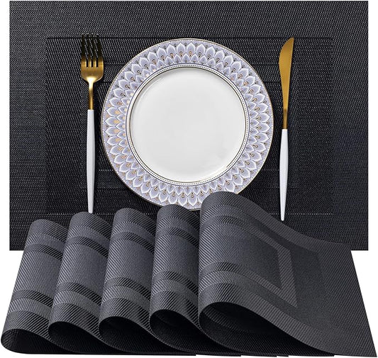 LEXMORE Placemats Set of 6 Vinyl/Plastic Woven Place Mats for Kitchen Table Indoor/Outdoor Washable Placemat Wipeable Dining Table Mats(Black Cube)