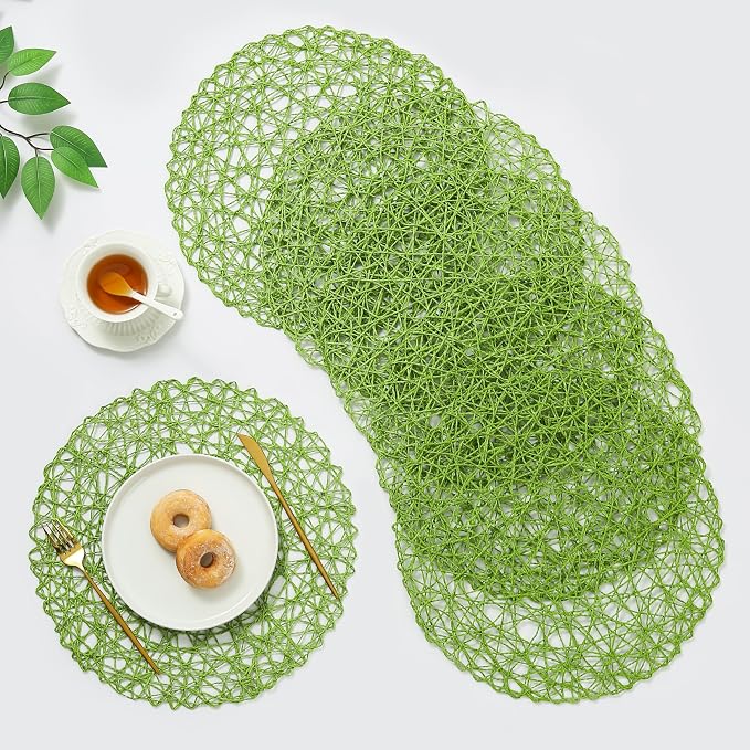 IcosaMro Grass Green Round Placemats Set of 6 for Dining Table, 15 Inch Paper Woven Boho Decorative Circle Place Mat for Wedding Christmas Thanksgiving Day Holiday Dinner, Grass Green