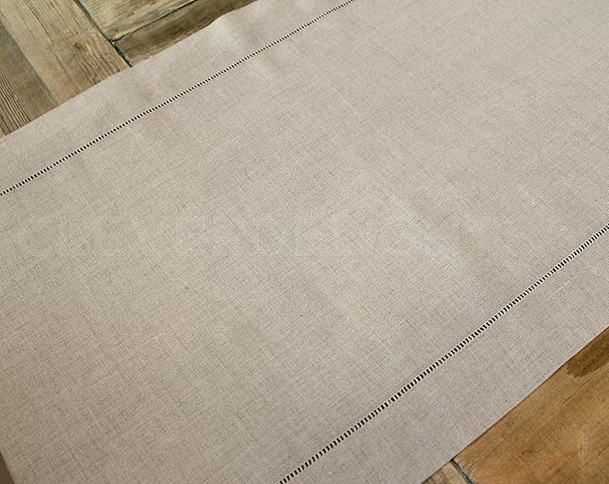 CleverDelights Natural Linen Hemstitch Table Runner - 16" x 72" - 100% Linen