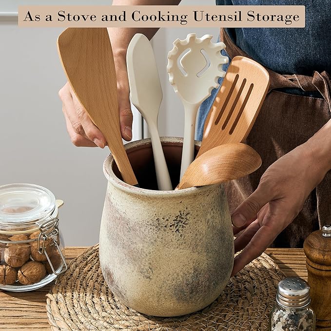 6.8"H Rustic Utensil Holder for Kitchen Counter, Modern Farmhouse Vintage Cooking Utensil Holder and Crock Home Kitchen Decor, Ceramic Utensil Organizer for Spatula, Ladle, Eggbeater, Rolling Pin