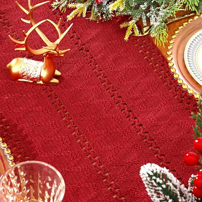 Macrame Table Runner Christmas Red Boho Table Runners with Tassels Hand Woven Cotton Table Runner Rustic Farmhouse Table Runners for Xmas Kitchen Dining Table(12x71in)