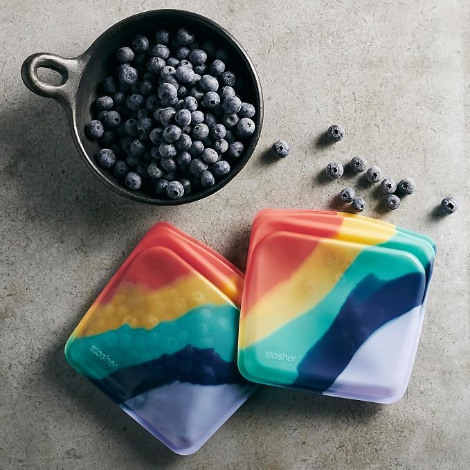 Stasher Silicone Reusable Food Storage Bags, 6-Pack, Reusable Freezer Bags, Microwave, Dishwasher, Oven Safe, Sous Vide, Lunch Containers, Eco Friendly, Food-safe Silicone Snack Bag, Multicolor