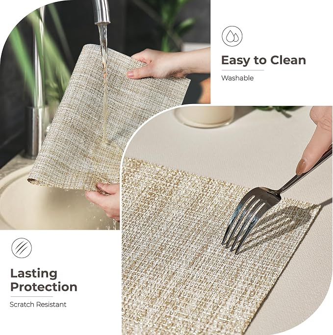 Leetaltree Sparkling Beige and Gold Vinyl Woven Placemats Set of 6 - Durable - Washable - Wipeable Dining Table Place Mats, Suitable for Indoor & Outdoor Use - Hand-Cut