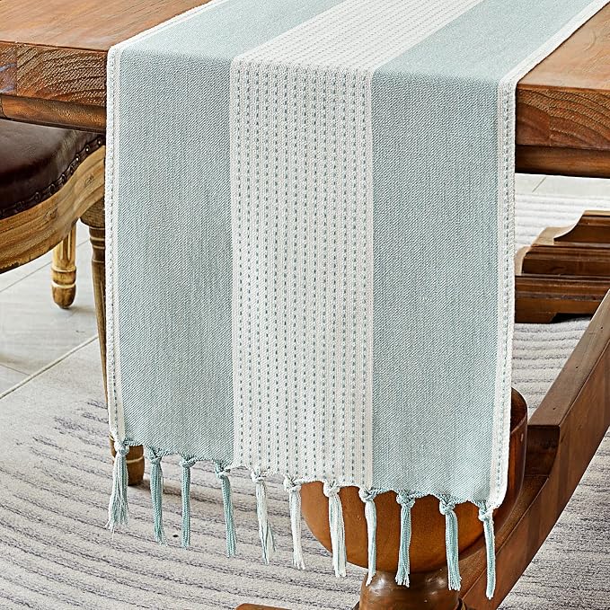 Wracra Linen Table Runner, Farmhouse Macrame Table Runners 108 Inches Long for Dining Table Decor, Wedding, Party and Dresser Decor (Aqua Blue,108")