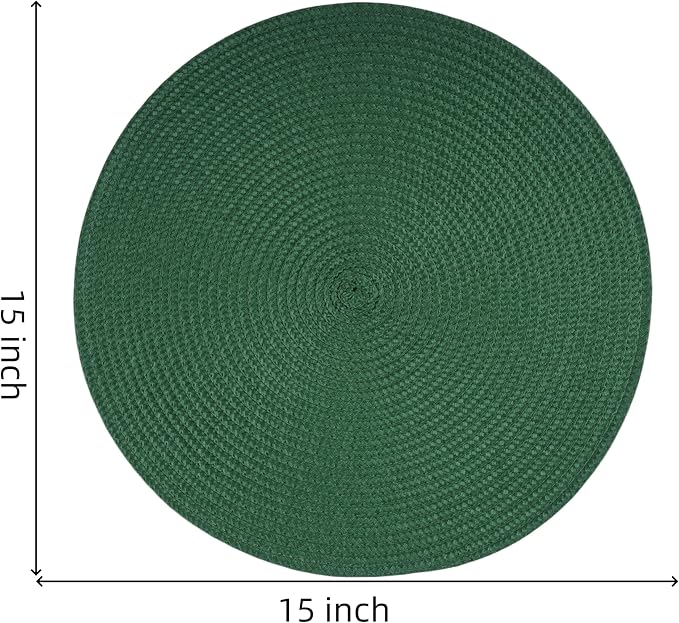 Round Braided Placemats Set of 6 Washable Easy to Clean Place Mats for Dining Tables Woven Non-Slip Heat Resistant Table Mats 15 Inch (Dark Green)
