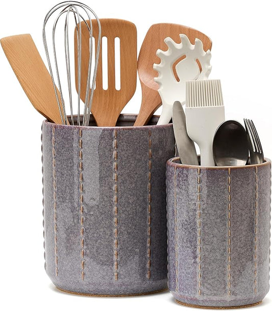 JIEMEI HOME Kitchen Utensil Holder, Large 7.5"+6.2" Bead Chain Ceramic Utensil Crock for Countertop, Utensil Holder with Cork Mat, Morden Utensil Organizer for Spatula, Kitchen Decor, Set of 2, Purple