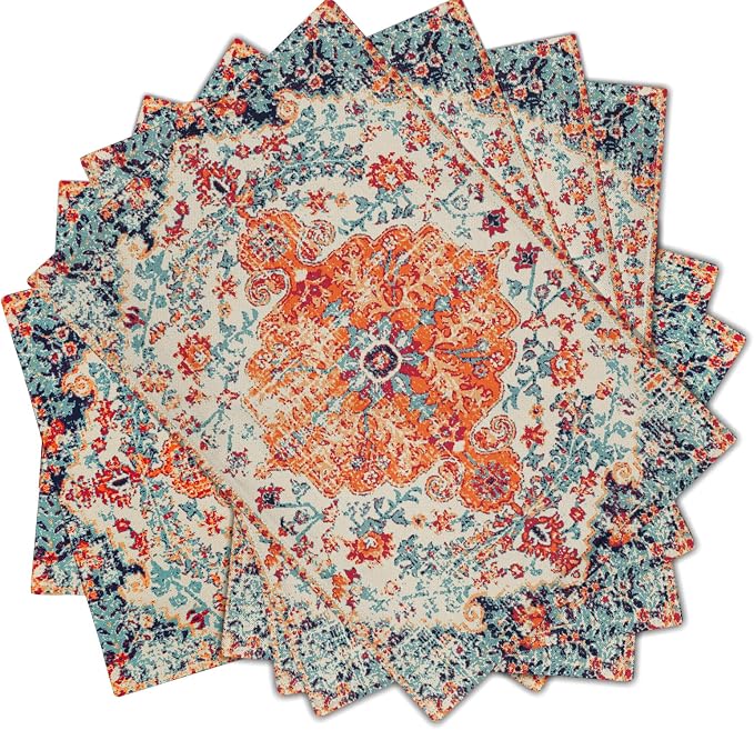 Ethnic Boho Placemats Set of 6 Southwest Orange Blue Teal Carpet Woven Texture Linen Washable Kitchen Dining Table Mats Stain Heat-Resistant Desktop Decor Place Mats for Home Party Indoor 12x18 inch