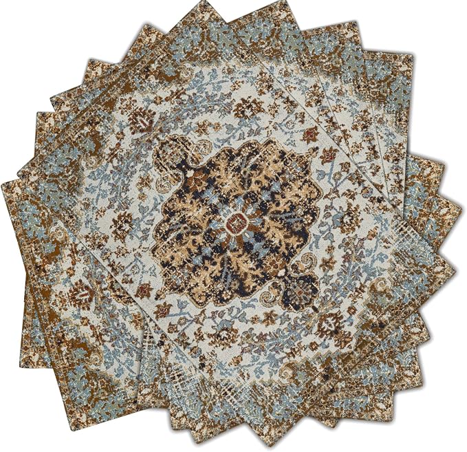 Ethnic Boho Placemats Set of 6 Bohemian Carpet Vintage Black Teal Grey Floral Linen Washable Kitchen Dining Table Mats Stain Heat-Resistant Desktop Decor Place Mats for Home Party Indoor 12x18 in