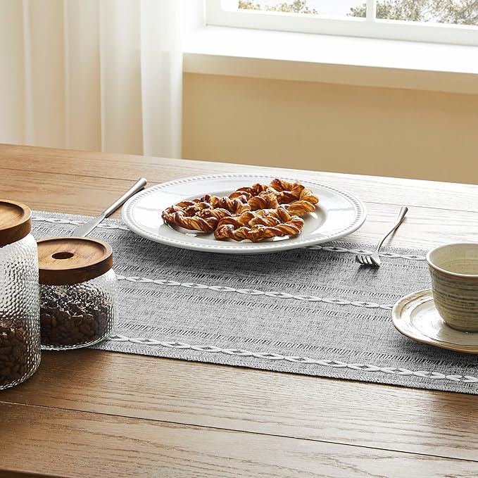Hemstitched Farmhouse Table Runner, Charcoal 13x90 Inch, Cotton Linen Table Runners 90 Inches Long, Embroidered Striped Grey Boho Table Runner Rustic Home Decor