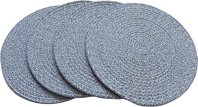 WAZAIGUR Round Placemats Washable Thick Cotton Absorbent 13 inch Round Table Mats for Kitchen Dining Table Set of 4 Round Woven Fabric Indoor/Outdoor Place Mats (Blue and White, 4)