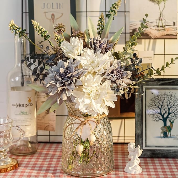 Der Rose Fake Flowers in Vase Silk Artificial Navy Blue Flowers Arrangements with Glass Vase for Dinning Coffee Table Centerpieces Home Kitchen Farmhouse Wedding Decor