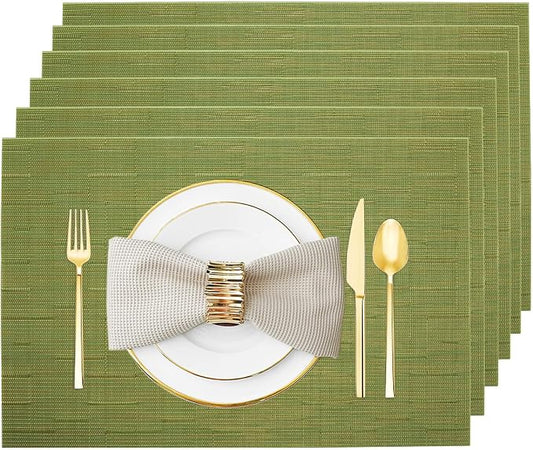 Placemats Set of 6 Washable&Wipeable Place mats for Dining Table Kitchen Indoor Outdoor Table Mats Heat Resistant Non Slip Woven Vinyl Table Placemats (Green，6PCS)