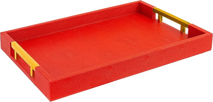 Modern Elegant 17.5"x12" Rectangle Red Shagreen Faux Leather Decorative Tray Ottoman Coffee Table Perfume Living Room Kitchen Serving Tray with Gold Polished Metal Handles by Home Redefined