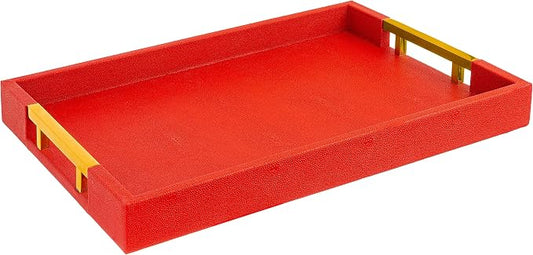 Modern Elegant 17.5"x12" Rectangle Red Shagreen Faux Leather Decorative Tray Ottoman Coffee Table Perfume Living Room Kitchen Serving Tray with Gold Polished Metal Handles by Home Redefined