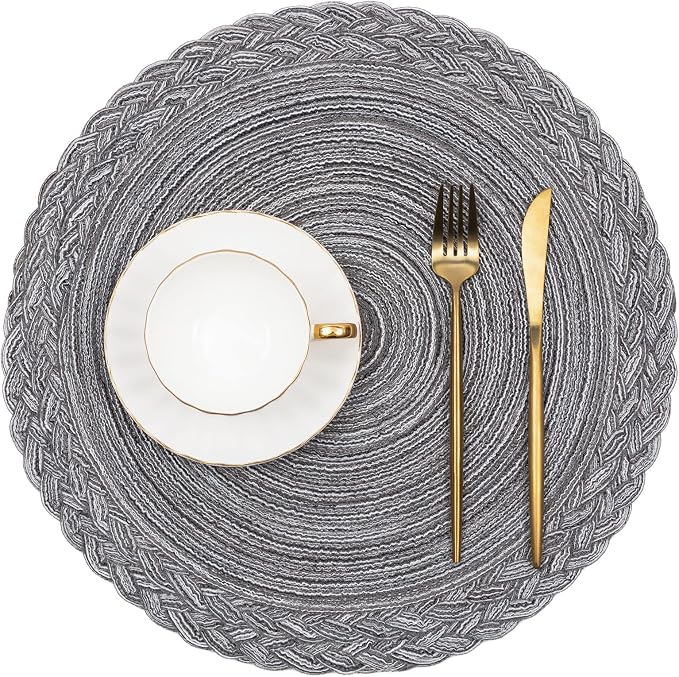 SHACOS Round Placemats Set of 6 Woven Round Table Mats 15 inch Braided Border Washable Cotton Polyester Circle Place Mats, Gray (Pack of 2)