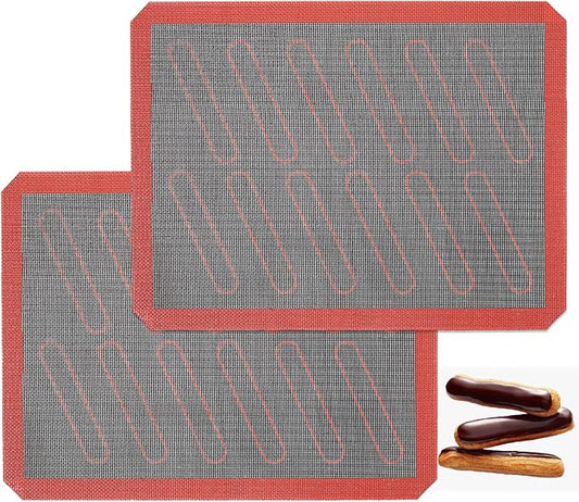 Perforated Silicone Baking Mats, 2 PCS Eclair Silicone Mat for Half Sheet with 12 Printed Oblong Eclair Guides, Non-Stick Reusable Oven Liners for Making Bread/Pizza/Pastry/Cookie 11-4/5" x 15-3/4"