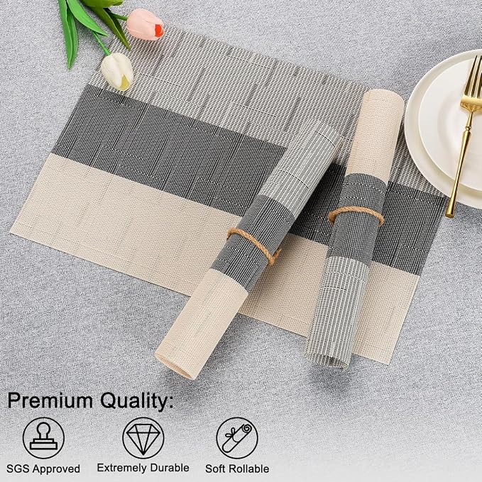 Placemats Set of 4, Vinyl Woven Place Mats Indoor Set of 4 Washable Wipeable PVC Table Mats Heat-Resistant Non Slip Placemat for Kitchen Dining Outdoor Table (Beige Dark Gray, Set of 4)