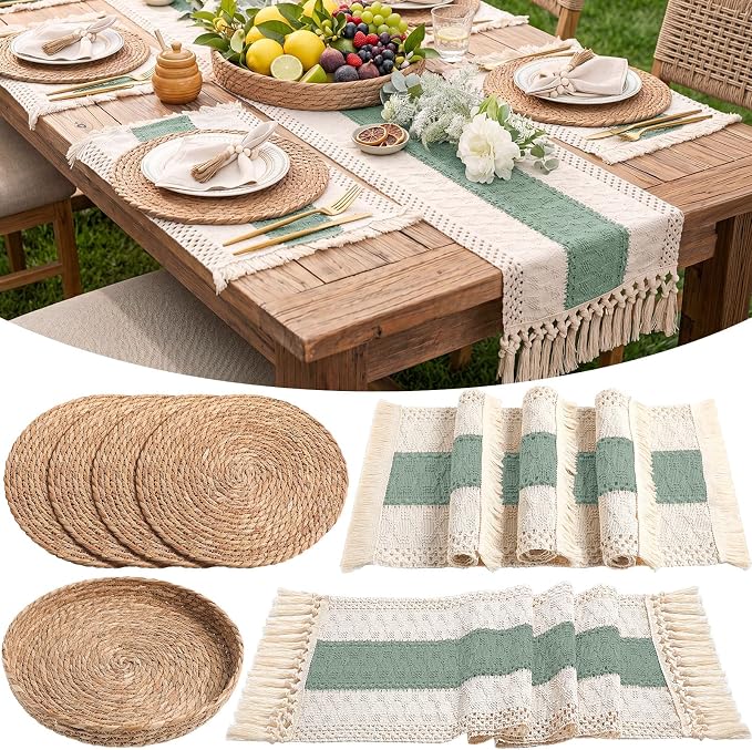Boho Placemats 4/6/8 Set of Round Woven Placemat Macrame Style Bicolor Stitching Long Table Runner Farmhouse Rustic Natural Burlap Cotton for Kitchen Dining Table(4 Sets,Green,12x72)