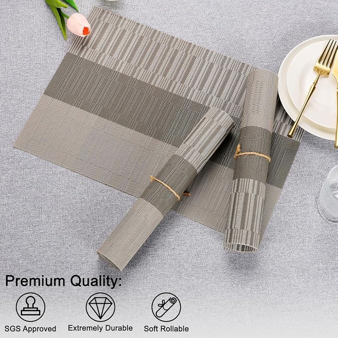 Placemats Set of 6, Vinyl Woven Place Mats Indoor Set of 6 Washable Wipeable PVC Table Mats Heat-Resistant Non Slip Placemat for Kitchen Dining Outdoor Table (Gray Dark Gray, Set of 6)
