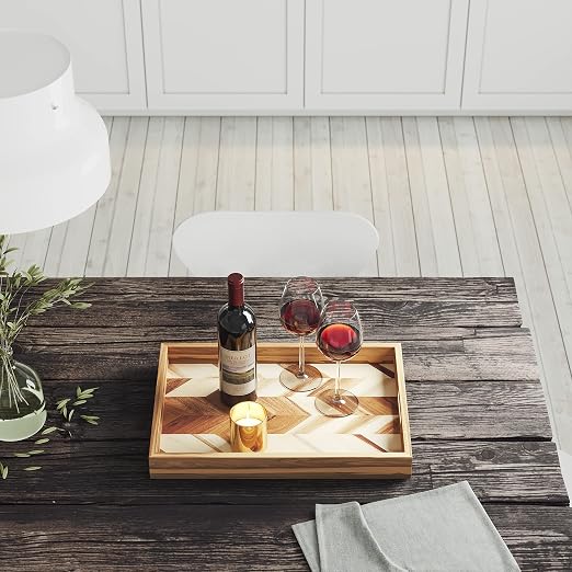Lipper International 1265 Acacia Herringbone Serving Tray with Handle Cutouts for Meals or Organizing, 19 3/4" x 13 3/4" x 2 1/4"