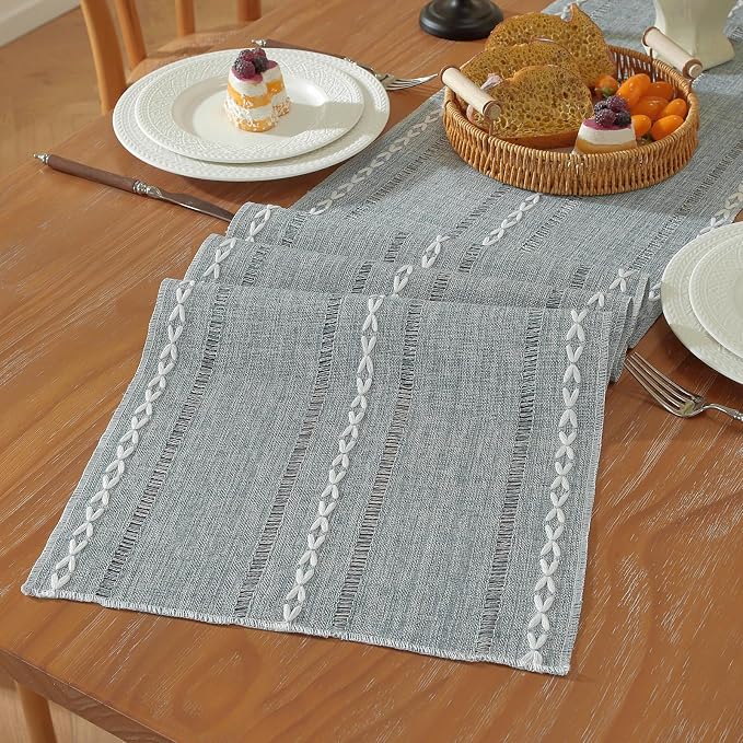 Niviy Boho Cotton Linen Blue Table Runner, Farmhouse Woven Table Runners Spring Summer Holiday Kitchen Dining Table Decoration for Home Party Decor 13 x 72