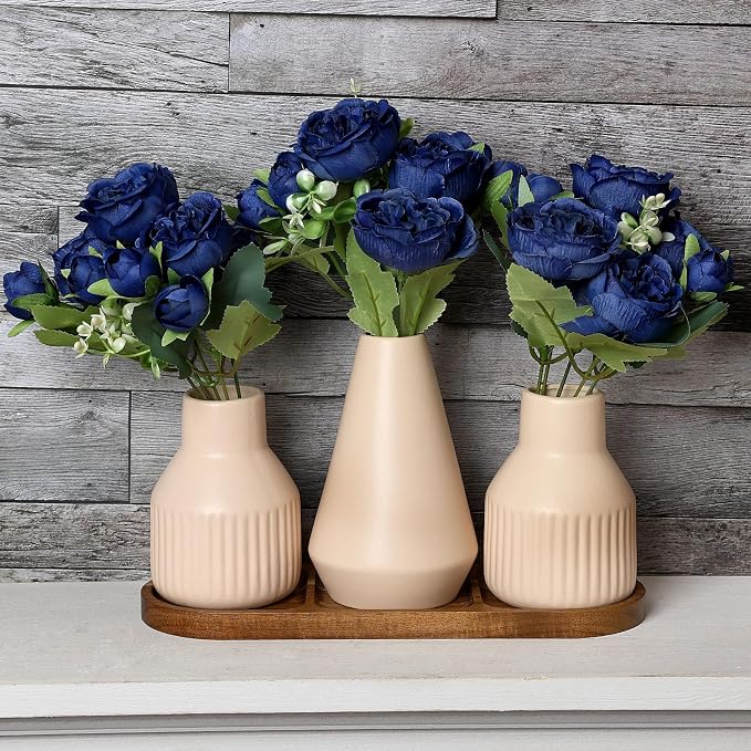 Flower Table Centerpiece - Dining Table Centerpiece Decor Set of 3 Fake Peonies in Ceramic Vases & Wood Tray Modern for Kitchen Island Living Room Coffee Table Home Decor (Royal Blue)