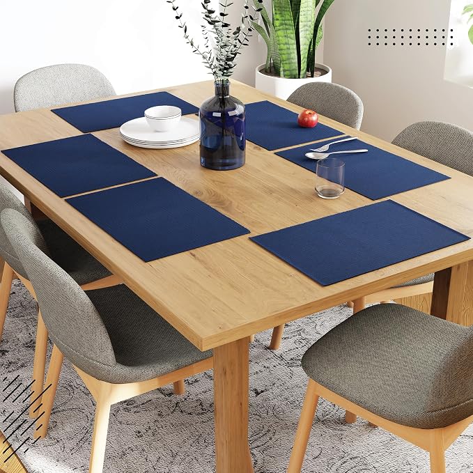 Encasa XO Dining Placemat Set of 6 | Solid Navy Blue Color | Fine Ribbed Cotton Table mat | Size 19x13 in | Machine Washable