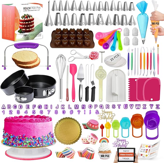 RFAQK 700 PCs Cake Decorating Kit with Baking Supplies Cake Decoration Set including Springform Pans, Cake Turntable, Numbered Piping Tips, Icing Spatulas, Fondant tools & much more (700Pcs)