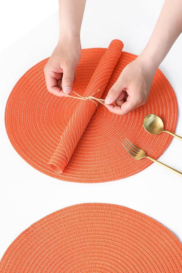 Floroom 15 Inch Round Braided Placemats Set of 4, Washable Heat Resistant Cotton Polyester Circle Place Mats for Kitchen Dining Table - Coral Orange