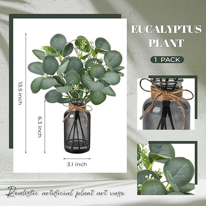 Der Rose 13.5" Fake Plants for Black Bathroom Decor Artificial Eucalyptus Stems in Black Glass Vase with Faux Water for Office Desk Accessories Farmhouse Home Table Centerpiece Decor（Sage Green）