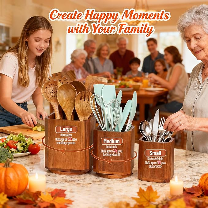 KINGSOW Wooden Utensil Holder Set: 3PCS Extra Large Acacia Wood Organizer with 360° Rotating Base for Kitchen Countertop - Farmhouse Storage Crock for Multi-Generation Family & Cooking Enthusiasts