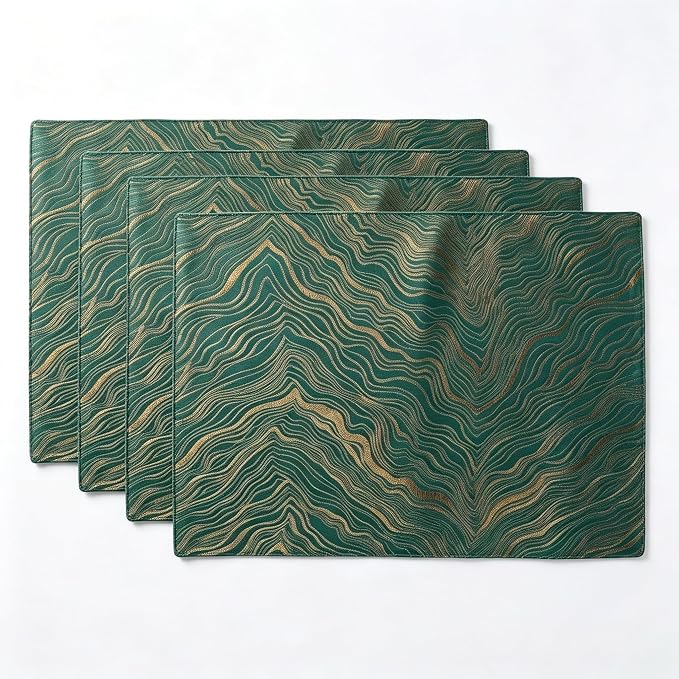 Green Placemats Set of 4, 12x18 Inch Modern Jacquard Woven Place Mats, Double Sided Reversible Non Slip Table Mats, Fade Resistant Irregular Woven Texture Dining Table Decor for Kitchen