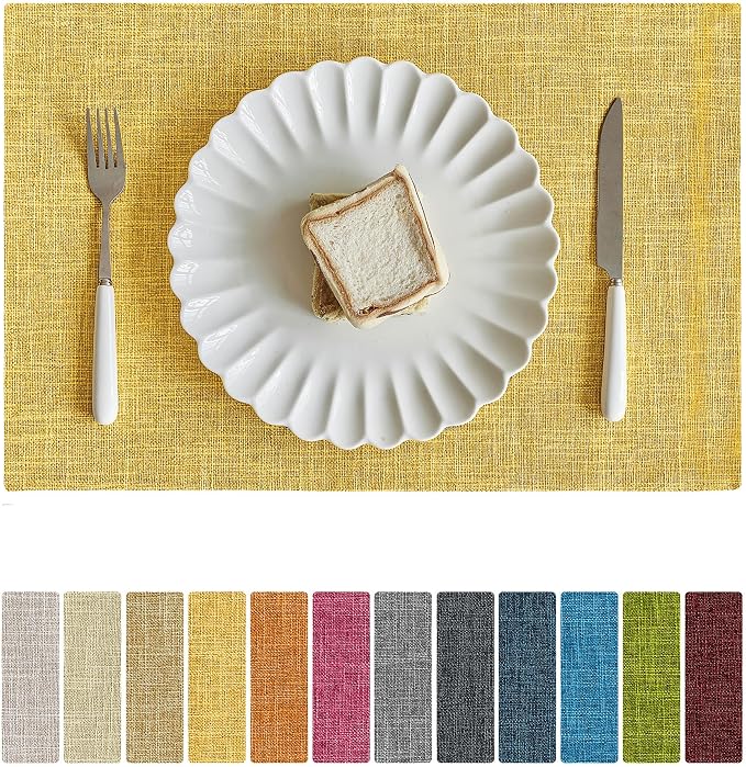 Softalker Faux Linen Placemats Set of 4-12 x 18 Inch, Heat Resistant Double Layered Durable Burlap Farmhouse Place Mats, Non-Slip Washable Rustic Table Mats for Dining, Kitchen, Party（Yellow